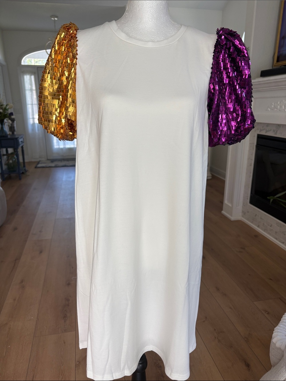 White Tee Dress with Gold and Purple Sequin Puff Sleeves